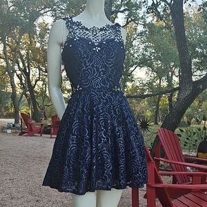 Jodi Kristopher fit and flare navy lace rhinestone formal cocktail dress size 9